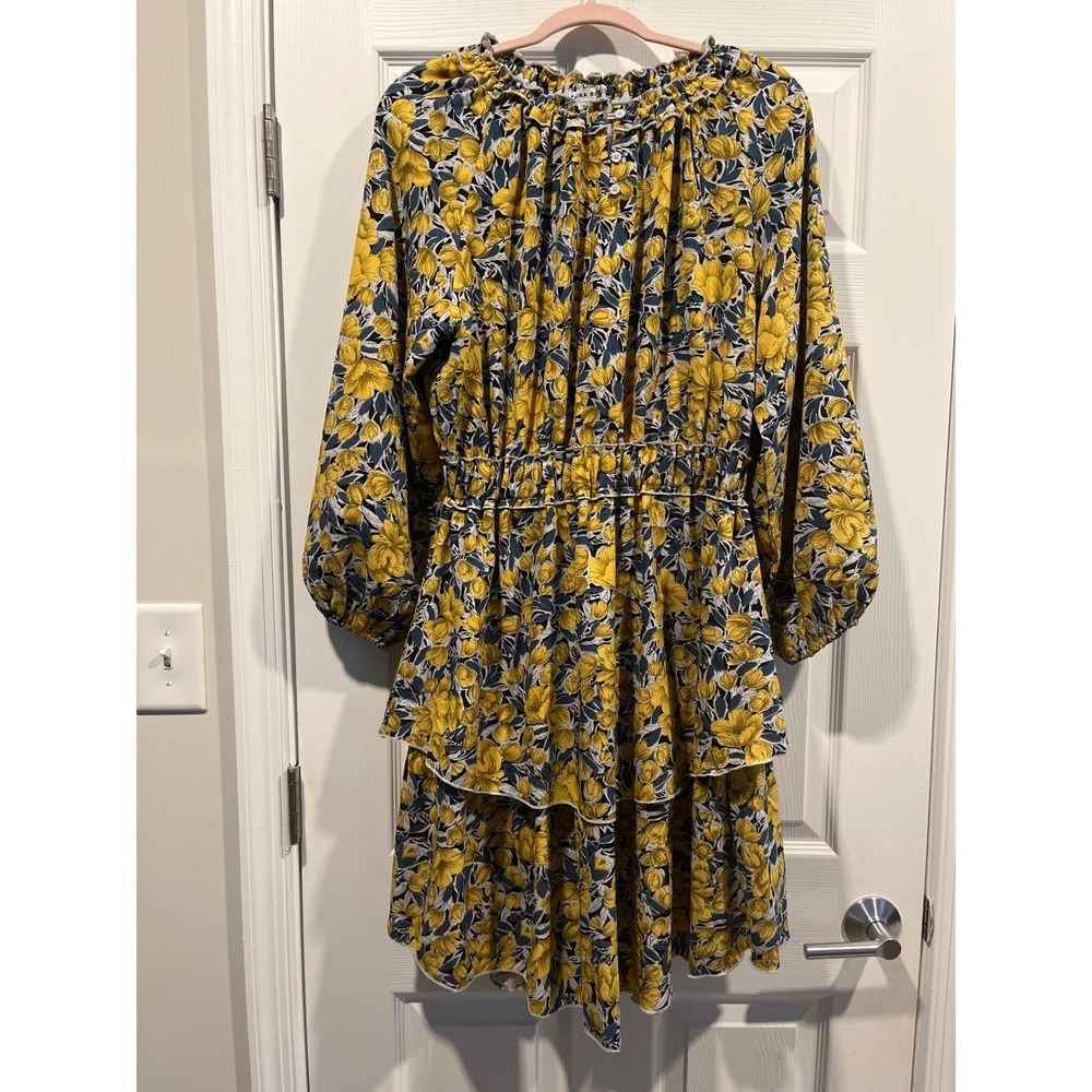 Yakira Bella Yellow Blue Floral Tiered Ruffle Mini Dress Smocked Waist Small